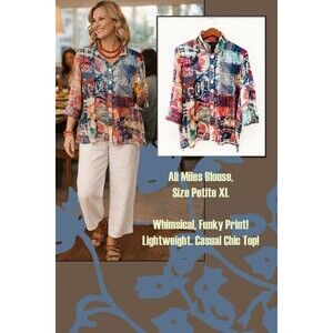 Ali Miles Top Petite XL PXL Whimsical Artsy Big Button Blouse Multi Lightweight